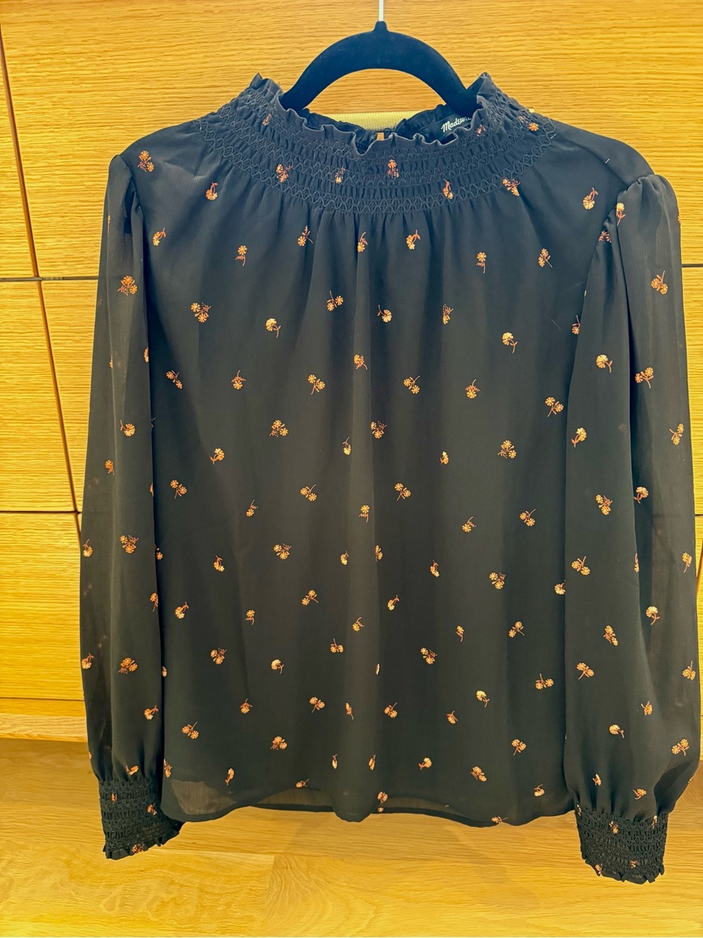 Madewell Black Floral Smocked-Neck Long-Sleeve Blouse